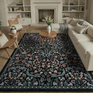 Lahome Claude Floral 8x10 Black Rugs for Living Room, Soft Washable Large Area Rug for Bedroom Dining Room, Botanical Lightweight Stain-Resistant Boho Carpet for Guestroom Indoor