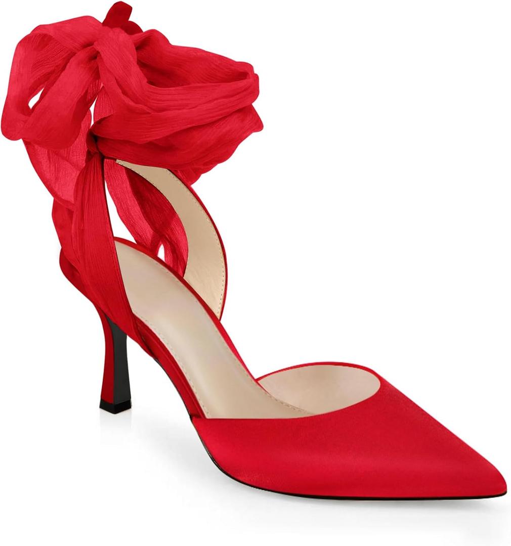 Womens Lace up Satin Heels Bow Pointed Closed Toe Bridal Dress Shoes Low Heel Wedding Elegant Pumps (9)