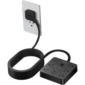 TESSAN Black Surge Protector Power Strip 10 ft Cord, Flat Plug Extension Cord with 6 Outlets 3 USB Ports (1 USB C), 1700J Protection, Heavy Duty Power Strip for Indoor Home Office School Dorm Room