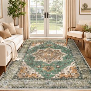 Area Rug 9x12 Vintage Rug: Large Washable Indoor Medallion Rugs Low Pile Distressed Floor Carpet Retro Accent Rug for Living Room Bedroom Kitchen Dining Table Home Office(Brown Green, 9'x12')