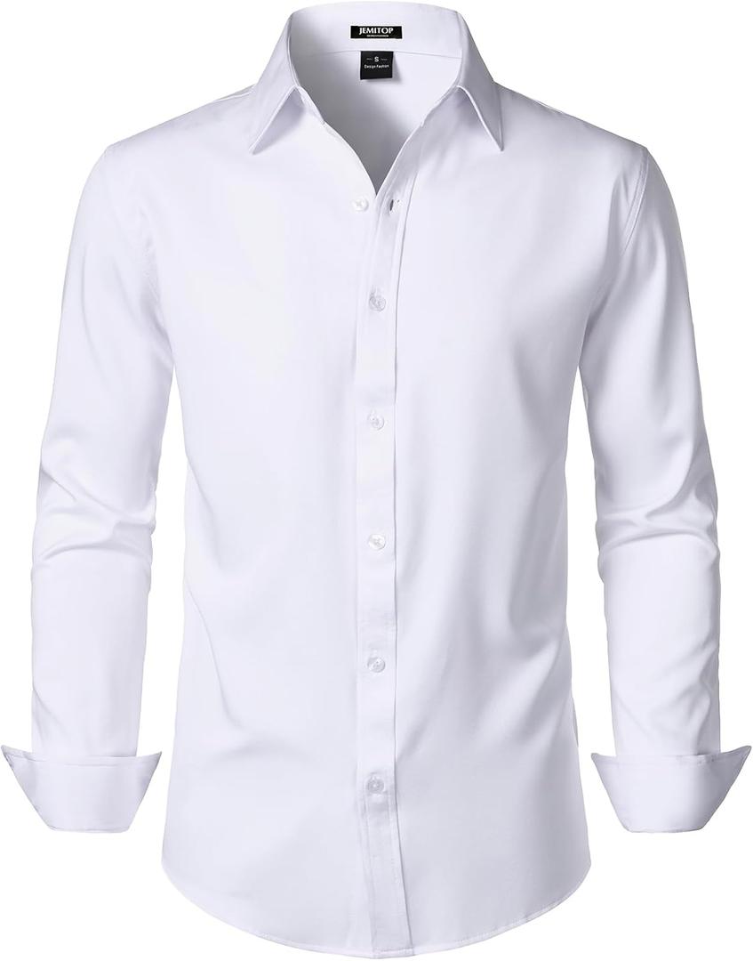 JEMITOP Men's Stretch Soft Slim Fit Dress Shirts Long Sleeve Formal Wedding Business Casual Button Down Shirt (White, S)