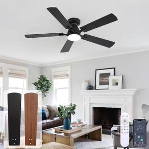 42 Inch Ceiling Fan with Lights, Black Modern Low Profile Flush Mount Fan with App&Remote Control, Dimmable 3CCT, Quiet Reversible DC Motor, 6 Speeds with Timer Fan for Bedroom LivingRoom Patio, Black