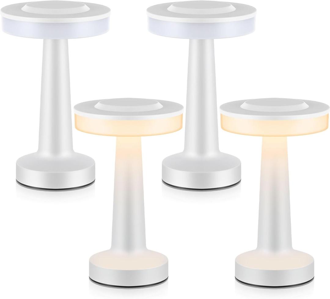 Riakrum Set of 2 LED Portable Cordless Table Lamp with Touch Sensor 3 Color Stepless Dimming Rechargeable Battery up to 15 Hours Cordless Table Light Wireless Lamp for Nursery (White,4 Pcs)