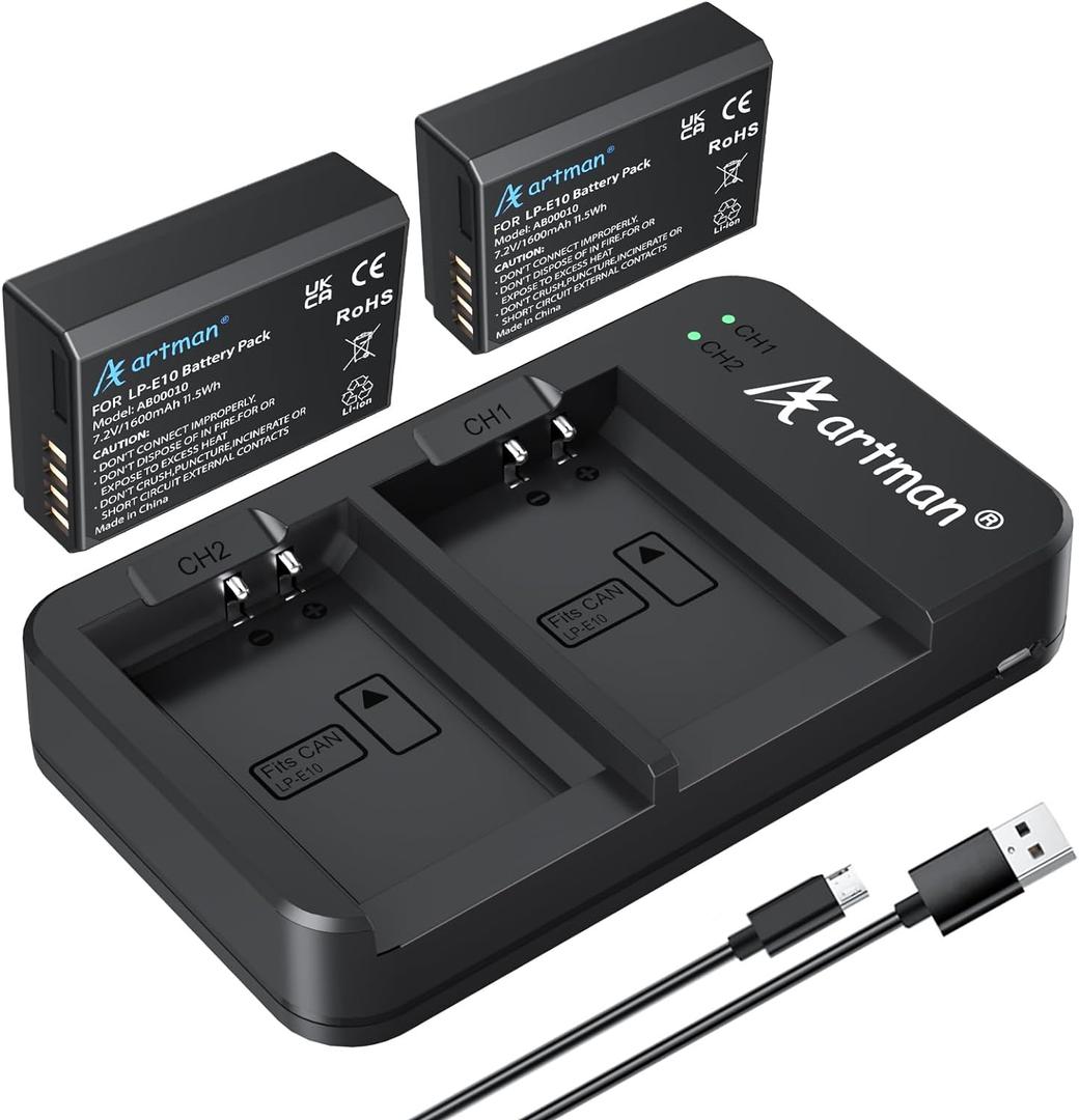 Artman LP-E10 Battery 2-Pack 1600mAh and Rapid Dual USB Charger for Canon LP E10, EOS Rebel T7 T6 T5 T3 T100, Kiss X50 X70 X80 X90, EOS 1100D 1200D 1300D 1500D 2000D 3000D 4000D Digital Cameras