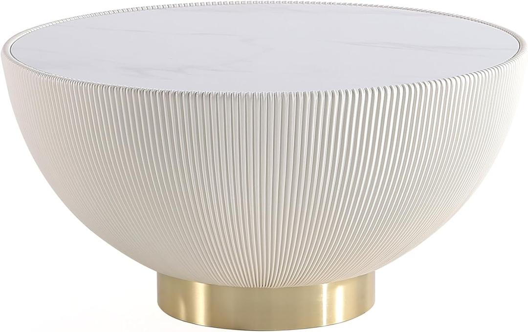 Manhattan Comfort Anderson Modern 28.15" Round Coffee Table 2.0 - Ceramic Marble Tabletop, Elegant Pleated Leatherette Details & Gold Base, Fully Assembled Accent Furniture, Set of 1, Cream