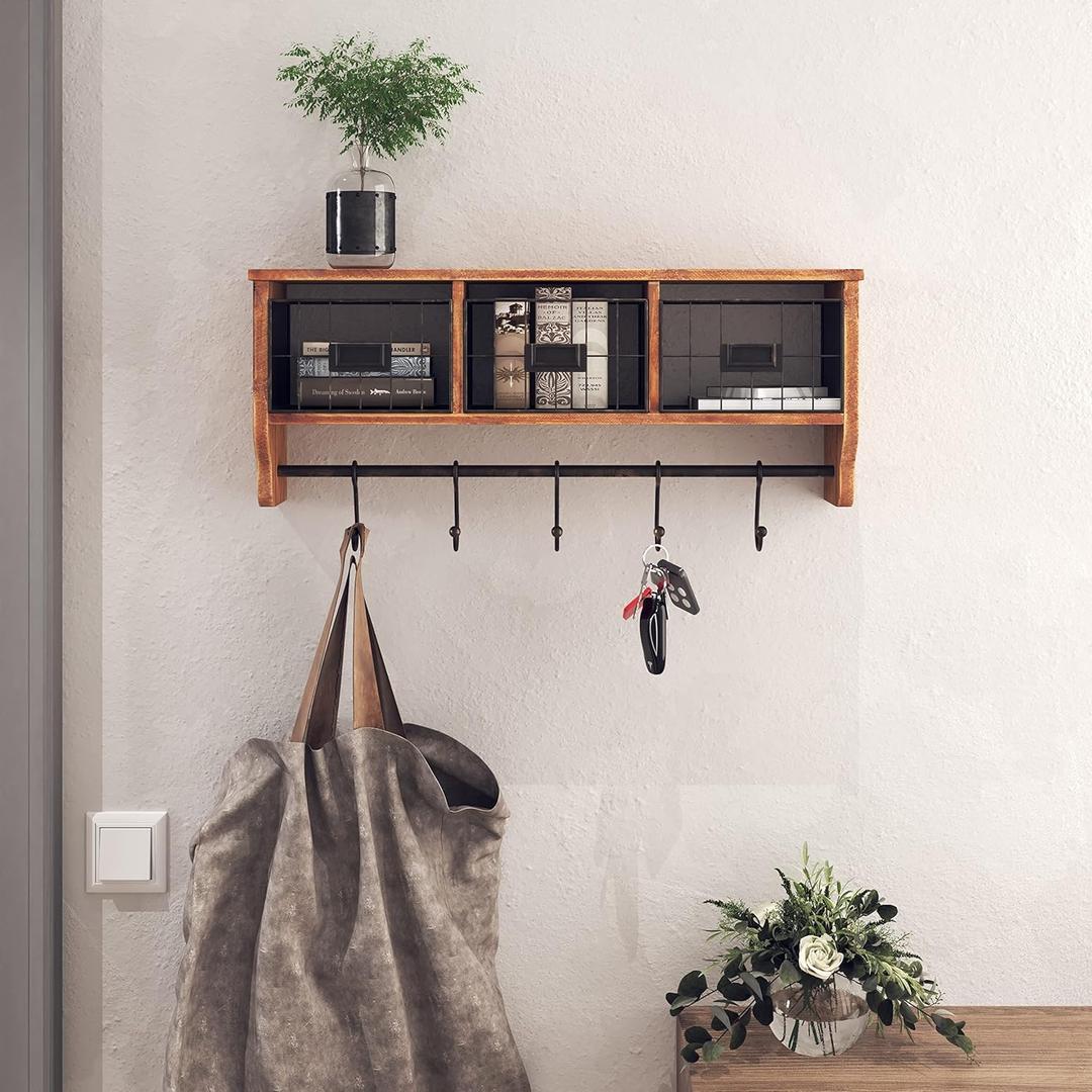 HBCY Creations Wall Mounted Shelf with Coat Hooks and Baskets, Solid Wood Entryway Organizer Wall Shelf with Hooks - Hang Coats, Keys or Coffee Mugs, Rustic Brown 24" Wide (24 Inch)