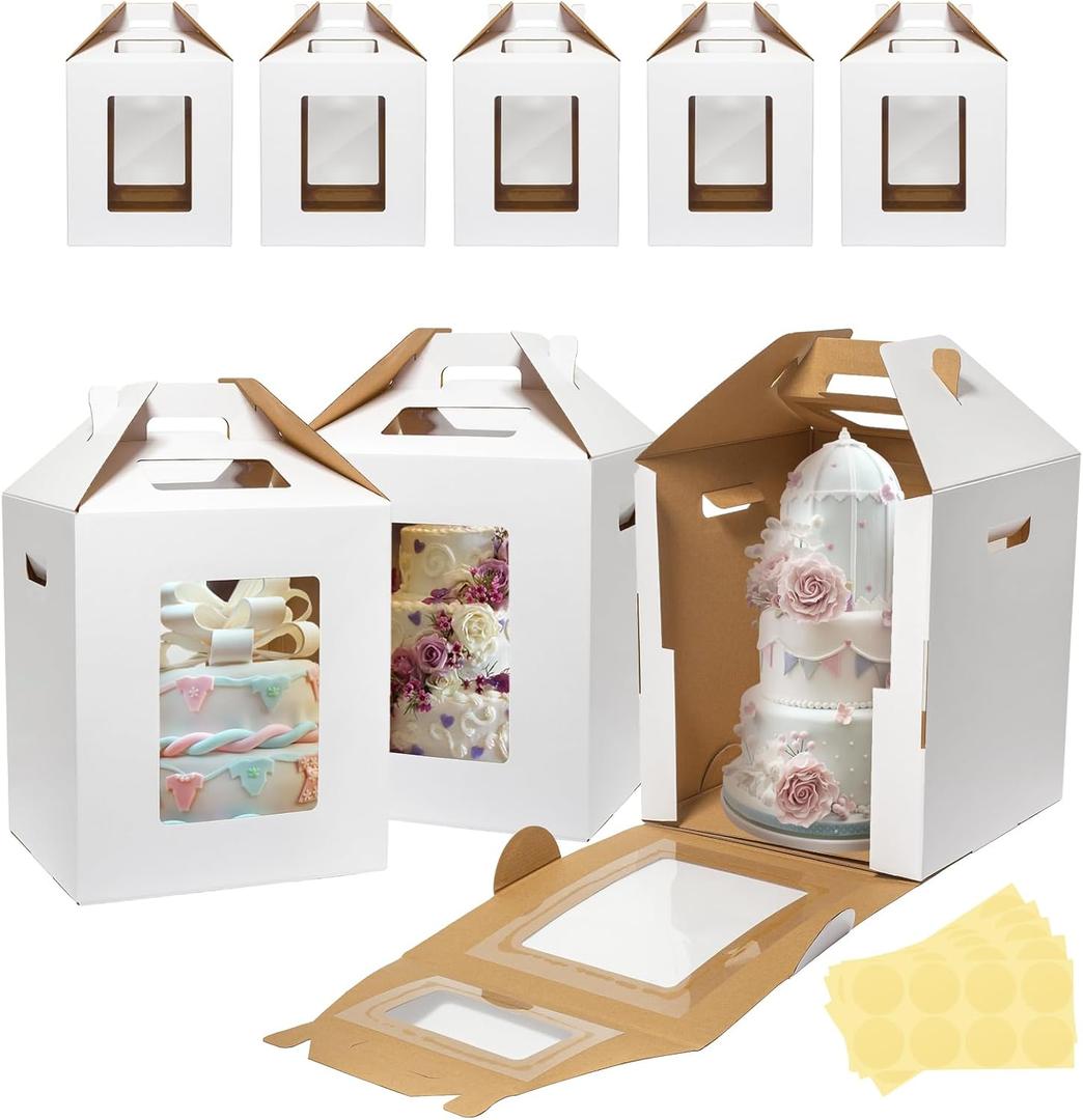 8 Pack Tall Cake Boxes for Tier Cakes 10x10x12 Inch Disposable Layer Tall Baking Carrier with Window Large Tierd Bakery Take Out Transport Containers with Handle for Wedding, Birthday, Party