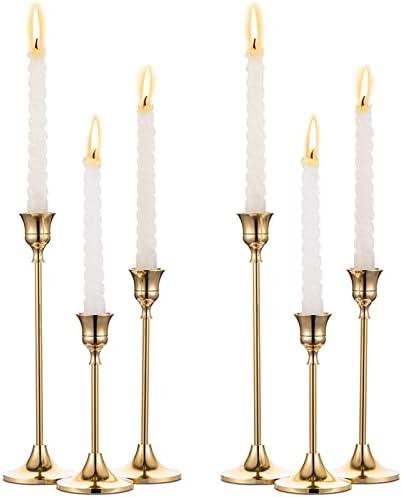 2 Sets(6 Pcs) Brass Gold Metal Taper Candle Holders Candlestick Holders, Vintage Modern Decorative Centerpiece Candlestick Holders for Table Mantel Wedding Housewarming Gift