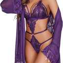 Avidlove Women Sexy Lingerie Set 2 Piece Lace Teddy with Mesh Kimono Robe Bodysuit Nightgown (Purple, XL)