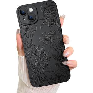 2 x LSL Case for iPhone 15 Plus Black Floral Flower Pattern Print Design Soft TPU Full Camera Lens Anti-Drop Anti-Scratch Shockproof Protective Slim Cover for Women Girls