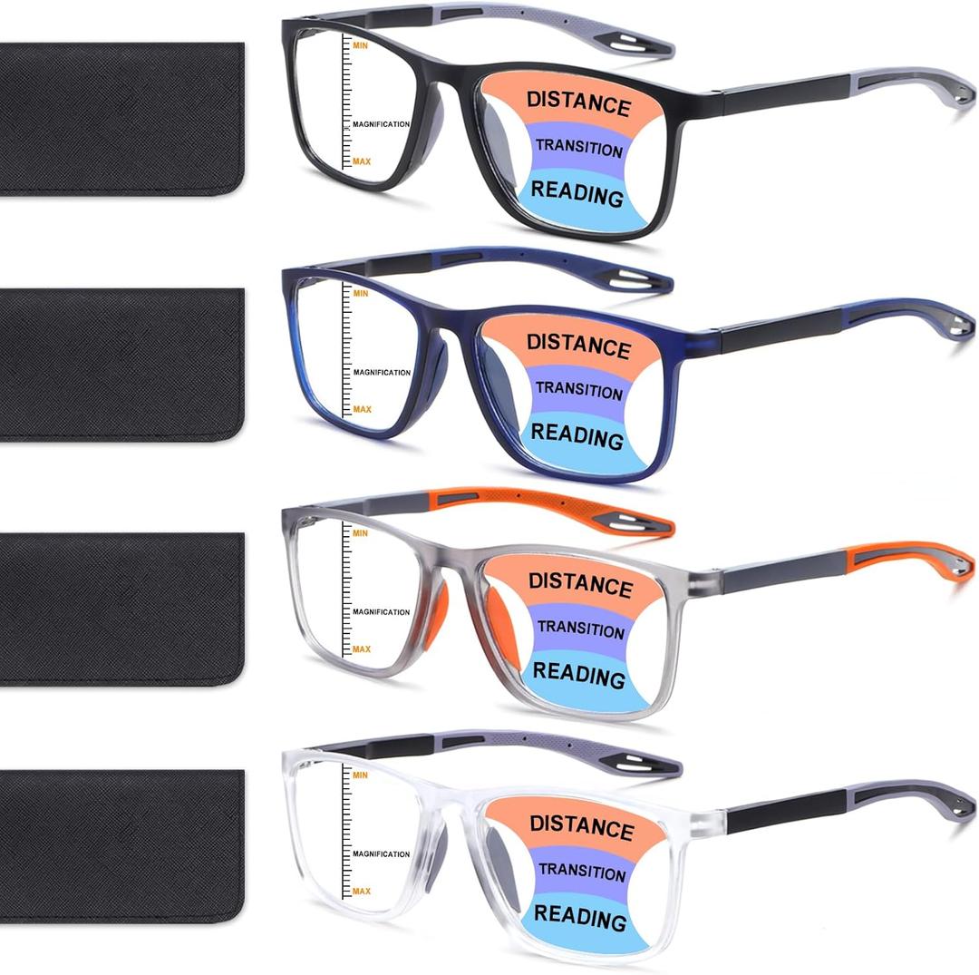 4 Pack Progressive Multifocus Reading Glasses for Men Women TR90 Sports Style Anti-Blue Light Computer Readers (Black & Blue & Grey & Transparent)