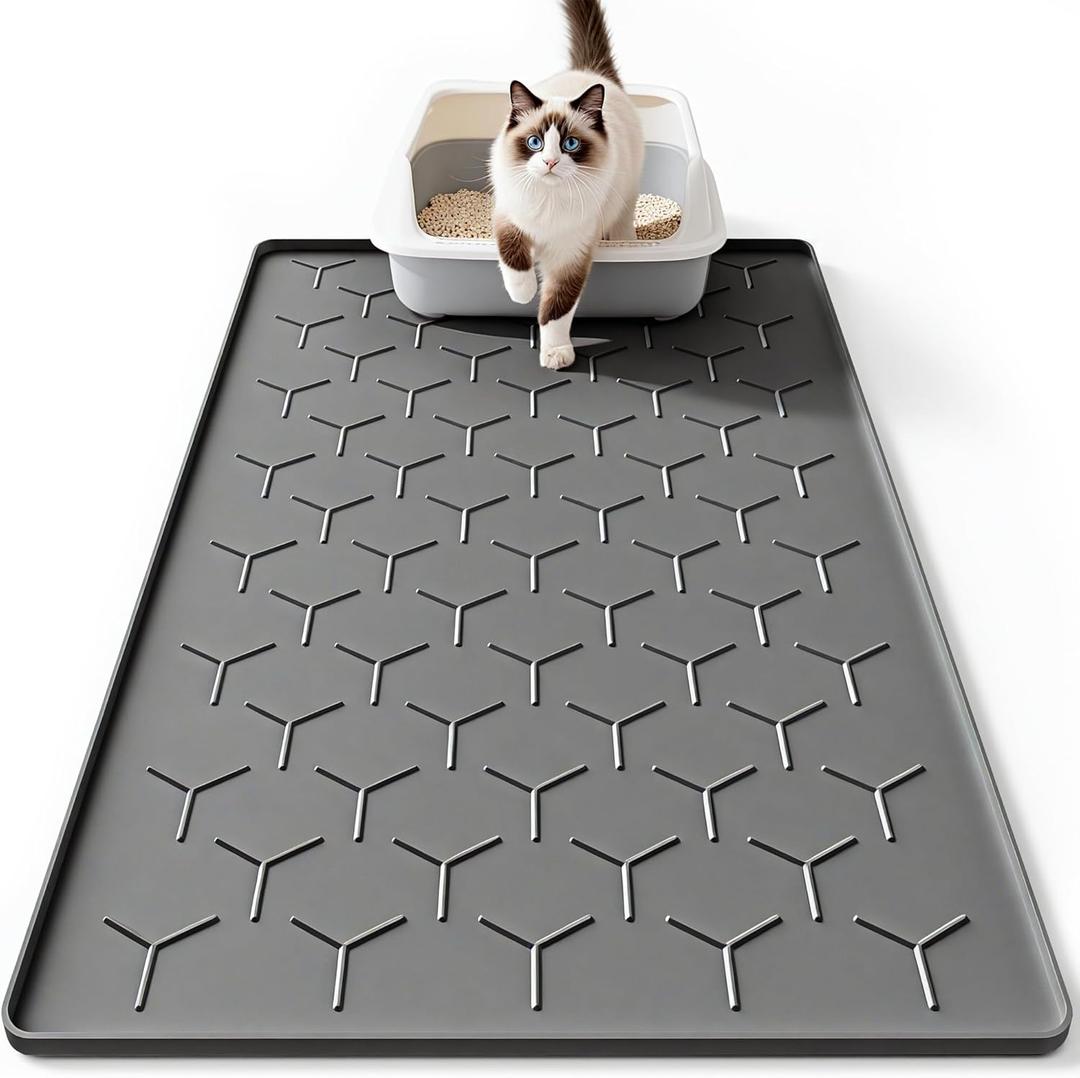 Bulkniu Large Silicone Cat Litter Mat, Waterproof/Urineproof, Litter Recycling, Easy to Clean, Soft on Kitty Paws (22"X34"-Dark Grey)