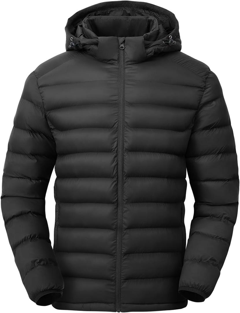 TBMPOY Men's Lightweight Puffer Jackets Detachable Hood Water-Resistant Casual Winter Coat Hooded Insulated for Travel Ski (Black), Small