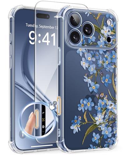 GVIEWIN for iPhone 17 Pro Max Case with Screen Protector, Upgraded [Full Camera Protection] [Non Yellowing] Floral Slim Shockproof Clear Women Phone Cover for iPhone 17 Pro Max 6.9" (Aconite/Blue)