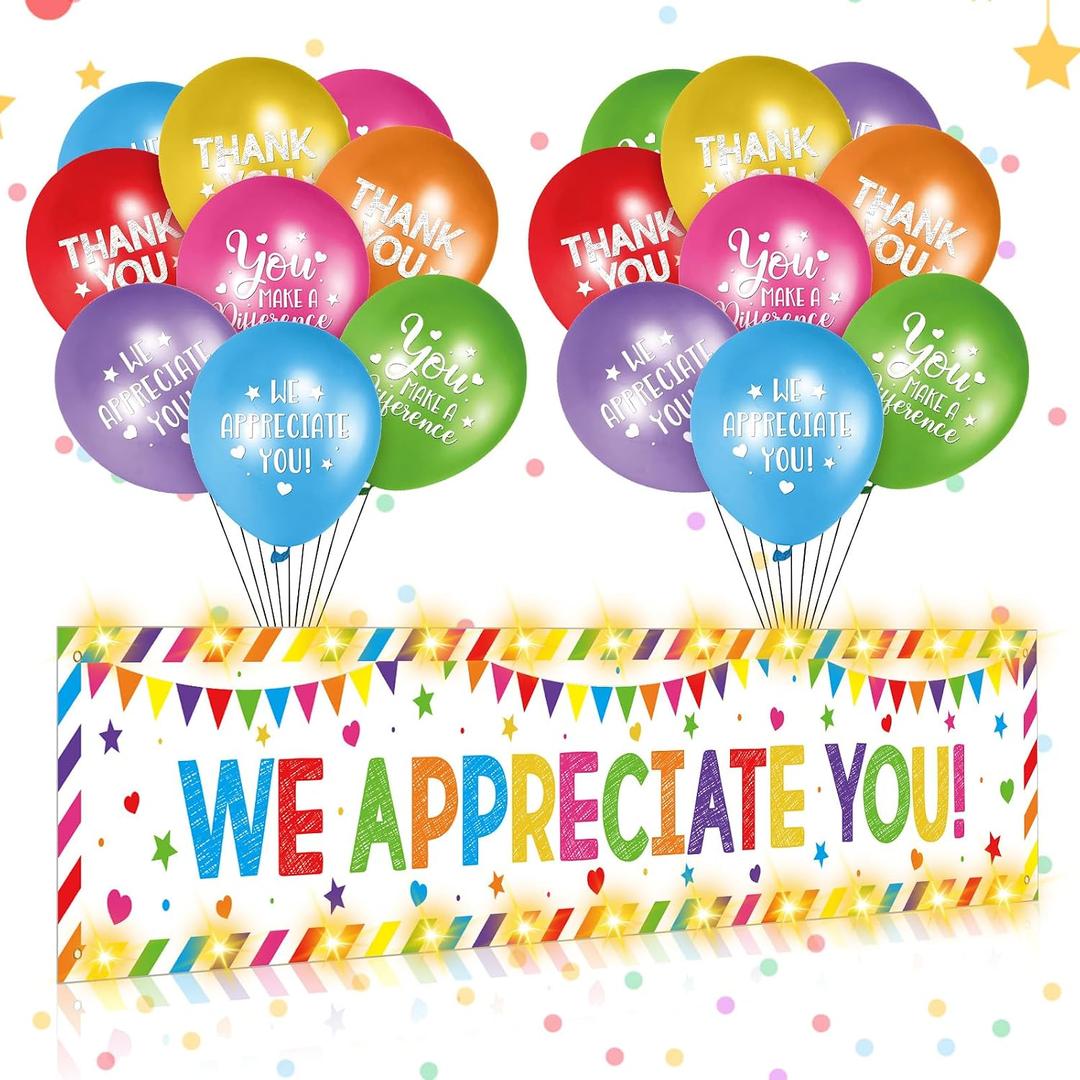 Gemscream Light up We Appreciate You Banner Decorations Housekeeping Week Thank You Backdrop Banner Yard Sign with 21 Pcs Balloons Employee Appreciation Gifts Teacher Party Supplies(Fresh)