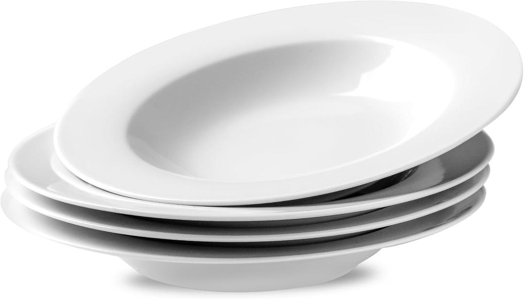 Ceramic Soup Bowls Shallow Plates, Mother's Day 4 Pack White Dinner Bowls Plates, Porcelain Wide Rim, 8.5" (8.5 oz) Shallow Bowls Ideal for Soup Dessert Salad and Pasta, Microwave and Dishwasher Safe