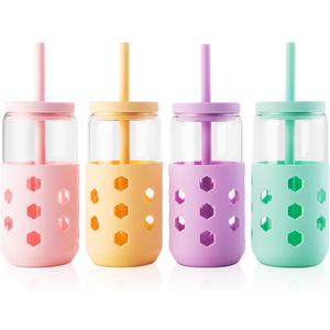 Mrsdry Glass Cups with Lids and Straws (4 Pcs), 16oz Drinking Glasses Set with Silicone Sleeves for Coffee Bar Accessories Iced Coffee Cups with Lids, Glass Tumbler Reusable for Gifts