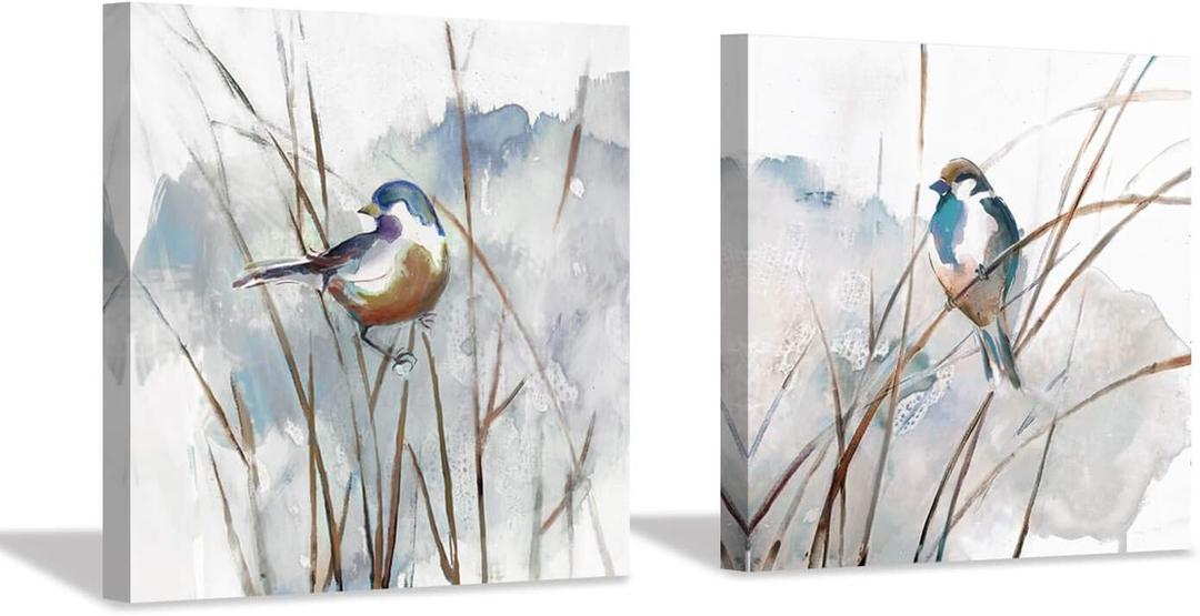 Bird Wall Art, Blue Watercolor Canvas Picture with Reeds, Set of 2 16"x16", 16" x 16" x 2panels