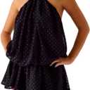 Womens Summer Casual Chiffon Halter Open Back Sun Dress Cute Y2k Going Out Sleeveless Tie Flowy Mini Sundresses (Black, S)