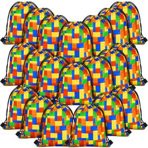 Shappy 24 Packs Building Block Party Favors Building Blocks Drawstring Gift Bags Candy Goodie Treat Bags for Birthday Party Supplies Decorations