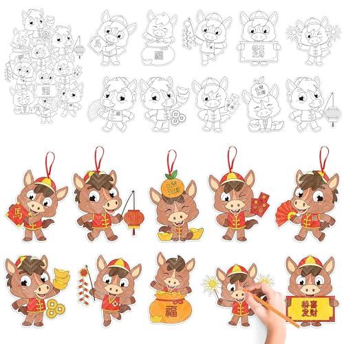 JAPBOR Chinese New Year Craft for Kids - 83pcs 2026 Lunar New Year Horse Party Favors Coloring Kit, Color Your Own DIY Spring Festival Arts Hanging Ornament Activities Draw Paper Bulk Decor