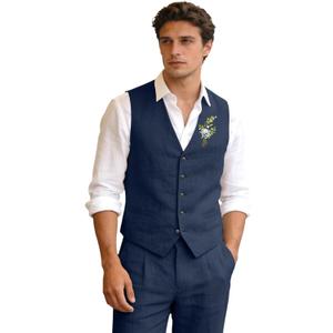 Men's Linen Suits 2 Piece Slim Fit Suit Prom Beach Wedding Groomsman Vest Pants Set Casual Summer Linen Outfit (Blue, XXL)
