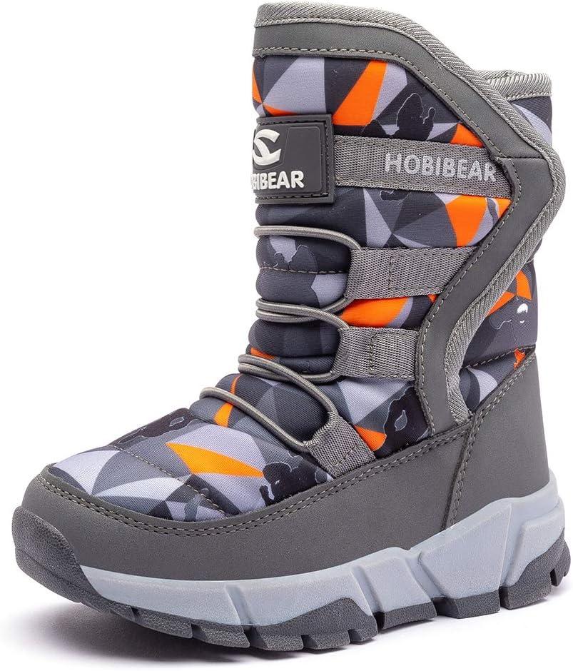 Boys Girls Snow Boots Outdoor Waterproof Winter Kids Shoes Grey/ Orange, 11 Little Kid