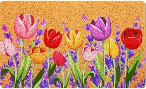 Mindsoft Spring Floral Doormat Tulip and Lavender Welcome Mat Waterproof Non-Slip Outdoor Cute Entrance Rug for Spring Home Decor Seasonal Holiday Indoor Patio, 18 x 30 Inch