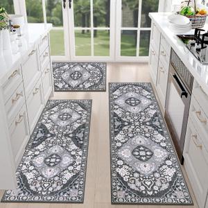 HEBE Farmhouse Kitchen Rugs Sets of 3 Non Slip Washable Boho Kitchen Rugs and Mats for Floor Kitchen Runner Rug Floor Carpet for Kitchen, Laundry, Hallways (20"x32"+20"x48"+20"x59", Grey)