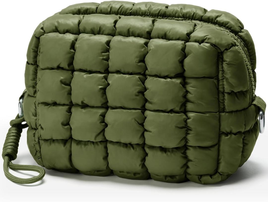 Quilted Makeup Bag Puffy Cosmetic Bag Cute Puffer Travel Toiletry Bag for Women, Small Makeup Pouch for Purse Quilted Cosmetic Pouch for Essentials Toiletries, Gift for Women, Girls (Olive Green)
