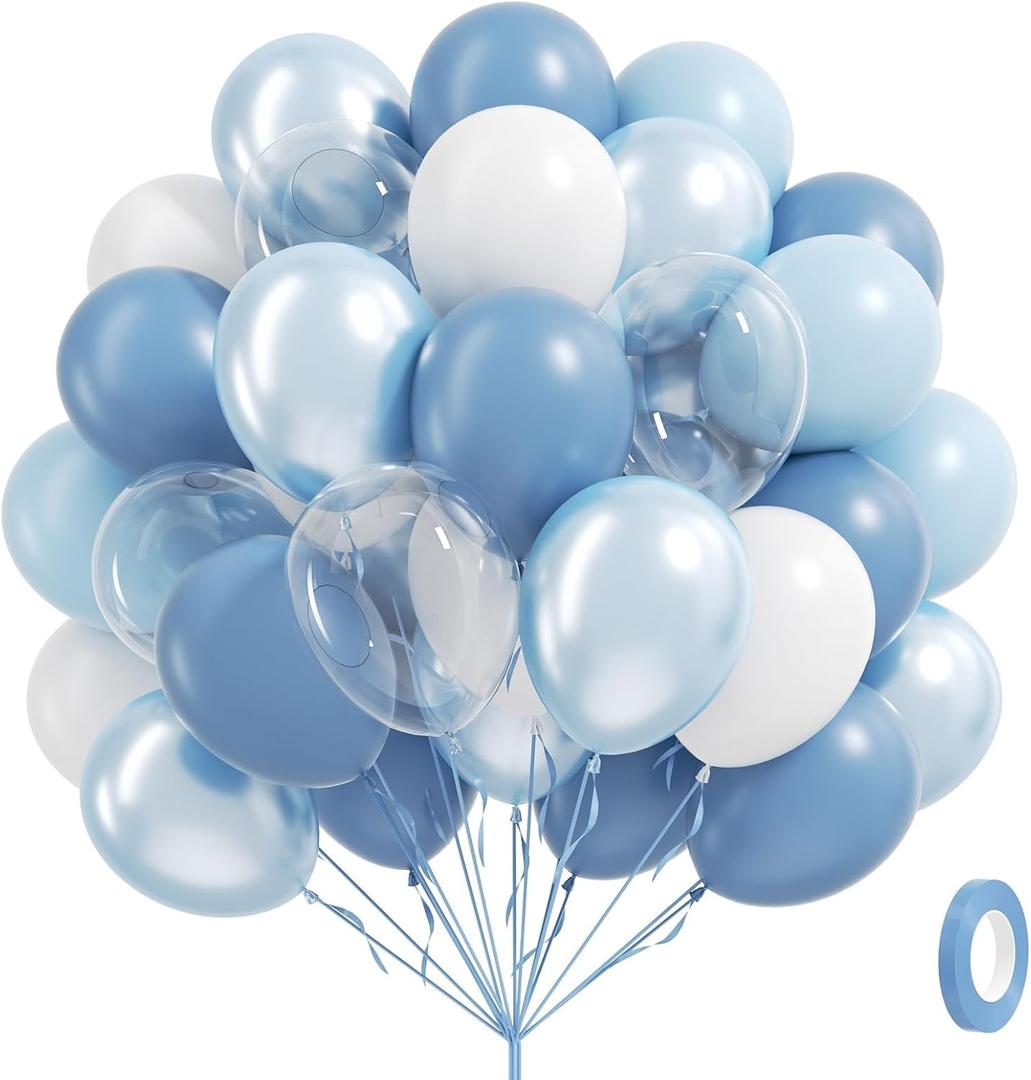 60pcs Dusty Blue Balloons 12inch with Clear Pastel Pearl Blue and White Balloons for Wedding Bridal Baby Shower Shower Birthday Party Decorations