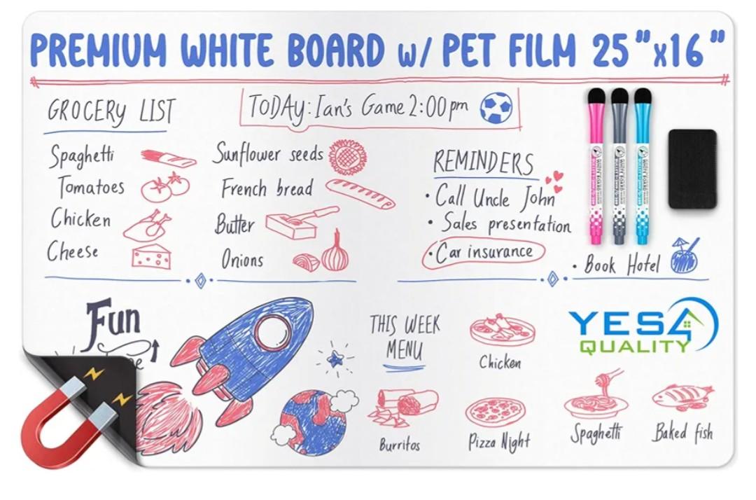Extra Large Magnetic Dry Erase White Board Sheet for Fridge - 25x16 - Stain Resistant Technology with 3 Markers & Big Eraser with Magnet - Refrigerator Whiteboard Planner Organizer - by Yes4Quality