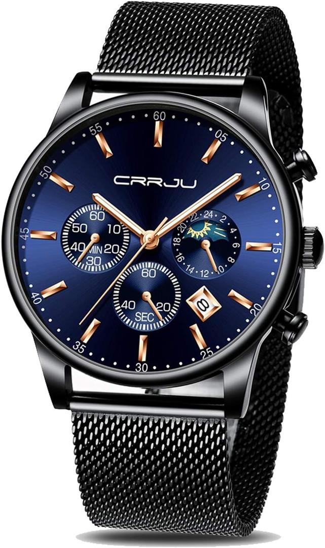 CRRJU Men's Fashion Casual Watches Auto Date Chronograph Watch Men Nice Work Watches Waterproof 30M Full Steel Quartz with Mesh Strap