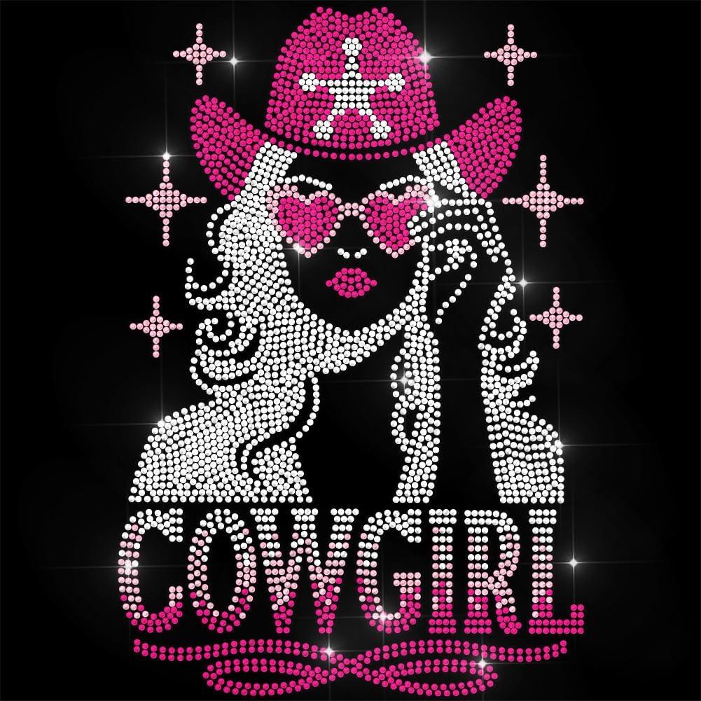 ANATTASOUL Pink Rhinestone Iron on Transfer Cowgirl Bling Diamond Hotfix Patches for Clothes, 11.6"x8.2" Large Iron On Sequin Applique for Jeans Caps Bag T-Shirts Shoes DIY Decor