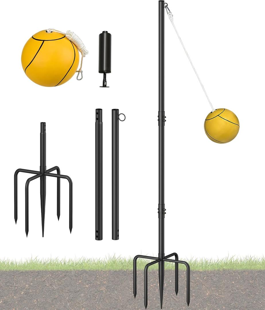 Heavy Duty Tetherball Sets with Ball & Rope for Backyard, Adjustable Iron Sleeve Tetherball Equipment for Outdoor Playground, Tether Ball Pole with 5-Prong Base for Dogs/Kids/Adults (10ft)