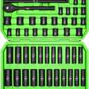 SUNHZMCKP 3/8" Drive Impact Socket Set, 52 Piece Standard SAE (5/16-3/4 inch) and Metric (8-22mm) Shallow & Deep 6 Point Sockets, 3/8-In Ratchet Handle, Extension Bars, Adapters, Universal Joint, CR-V