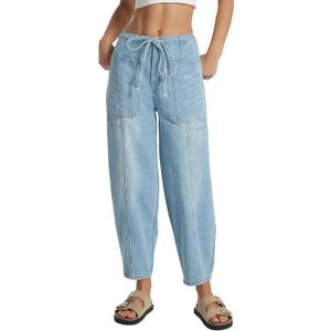 Women's Wide Leg Baggy Jeans Elastic Low Rise Barrel Jean Loose Boyfriend Denim Pants with Drawstring (Medium, Light Blue)