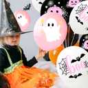 2 x Happy Halloween Balloons, Pink White and Black Latex Balloons with Cute Ghost, Pink Pumpkin, Black Bat Designs for Party Favors, Baby Shower, Halloween Birthday Party Decorations (Wsj04)