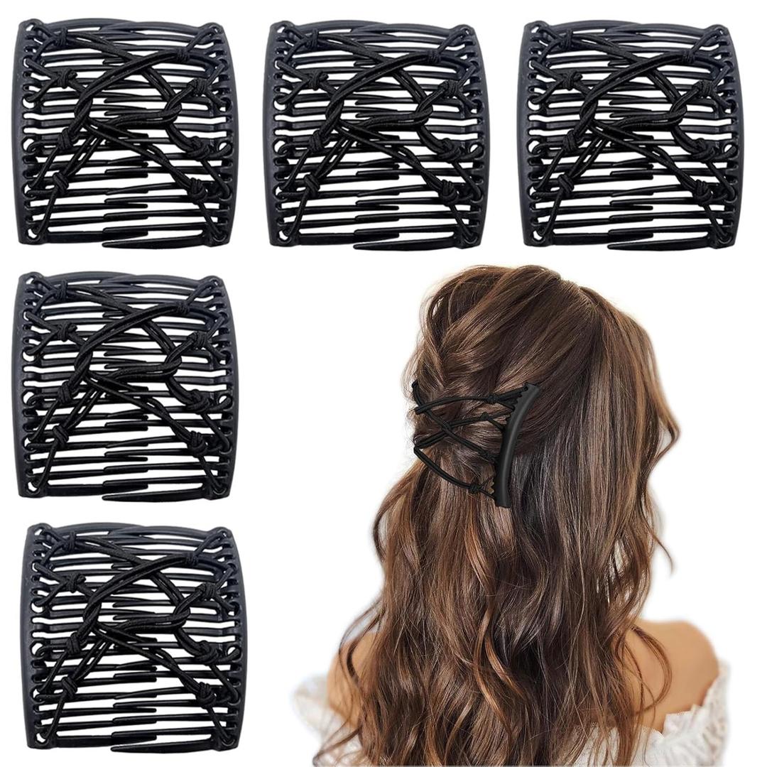 5 Pieces Stretchy Magic Hair Comb Adjustable Elastic Comb Hair Clip for Women Girls No Crease Hair Pins Vintage Hair Bun Maker Hair Accessories for Curly Thick Wavy Hair Ponytail(Black)