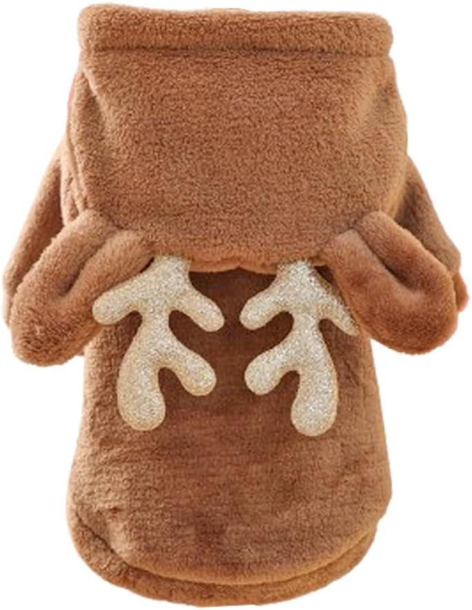 Reindeer Dog Costume Christmas Small Dog Hoodies with Antlers and Plush Ears Fleece Puppy Sweatshirt Winter Cat Clothes Cold Weather Coat Pet Santa Outfit (Brown, X-Small)