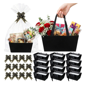 Funnymoom 12 Pcs Wedding Black Basket for Gifts Empty with Cellophane Bag & Ribbon Bow Classic Novel Black Wrapping Gift Basket for Spring Graduation Birthday Party Favor Supplies 9.8 x 6.5''