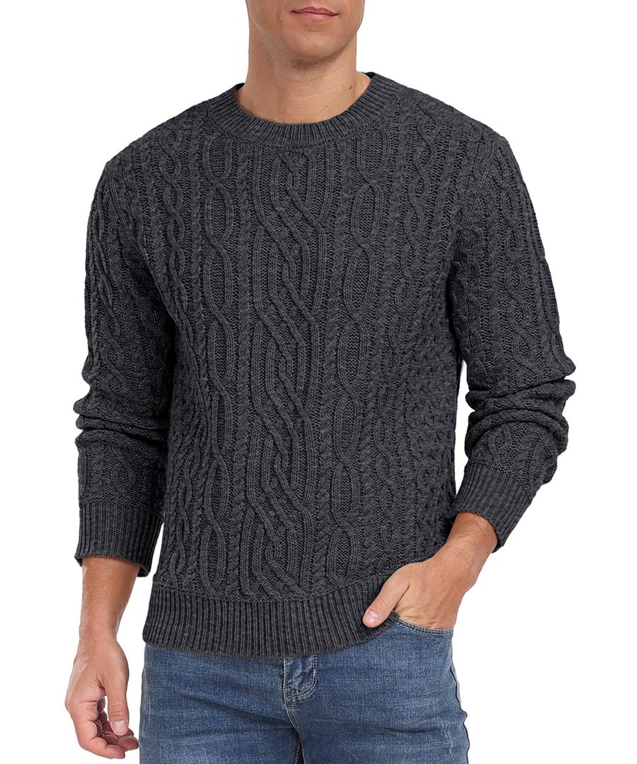 Askdeer Men's Cable Knit Pullover Sweater Long Sleeve Crew Neck Knit Sweater Soft Casual Sweaters with Ribbing Edge Dark Gray, 2XL