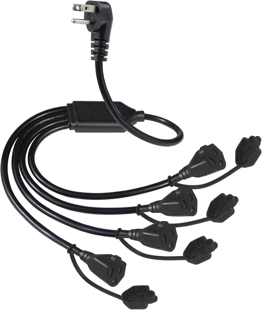 KUNCAN 4 Way Outlet Splitter - Black 1-Pack 90-Degree Angled Flat Plug 1 to 4 Extension Cable Power Strip, 16/3 Gauge 1.5FT, 3 Prong Y Style Multi Outlet Splitter, Perfect for Wall Wart Adapters