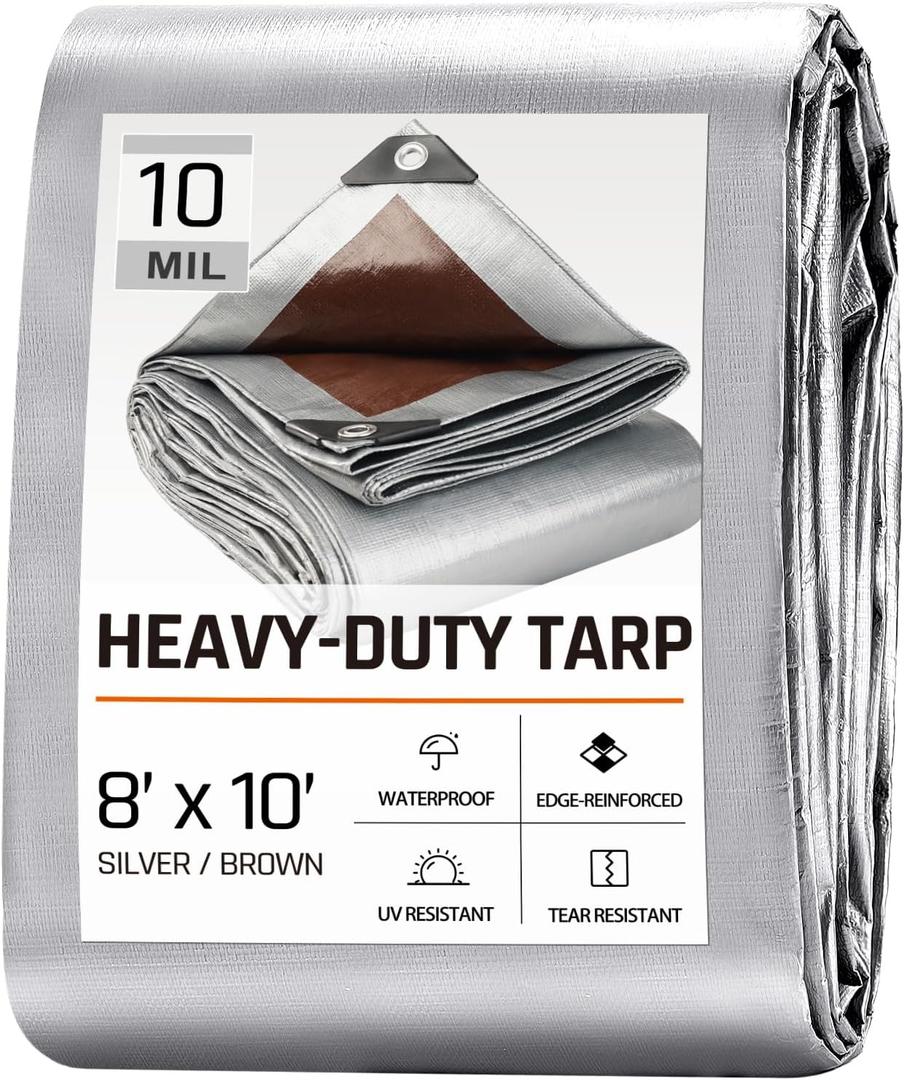 8 x 10 FT Waterproof Heavy Duty Tarp, 10 Mil Thick, Outdoor Furniture Covers, Plastic Insulated Tarpaulin for Camping Tent Roof Boat Patio Pool Cover, Large & Small Multi-Size Tarps, Silver/Brown
