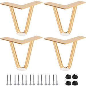4 inch Hairpin Legs, 4Pcs Heavy Duty Metal Furniture Legs with Rubber Floor Protectors & Screws for Home DIY Projects TV Stand Sofa Cabinet - Gold