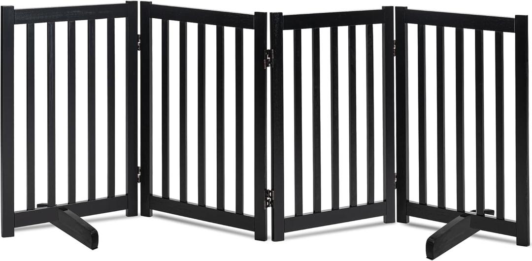 LZRS Solid Hardwood Freestanding Pet Gate, Wooden Dog Gates for Doorways, Nature Wood Dog Gates for The House, Dog Gate for Stairs, Freestanding Indoor Gate Safety Fence, Black, 30" Height-4 Panels