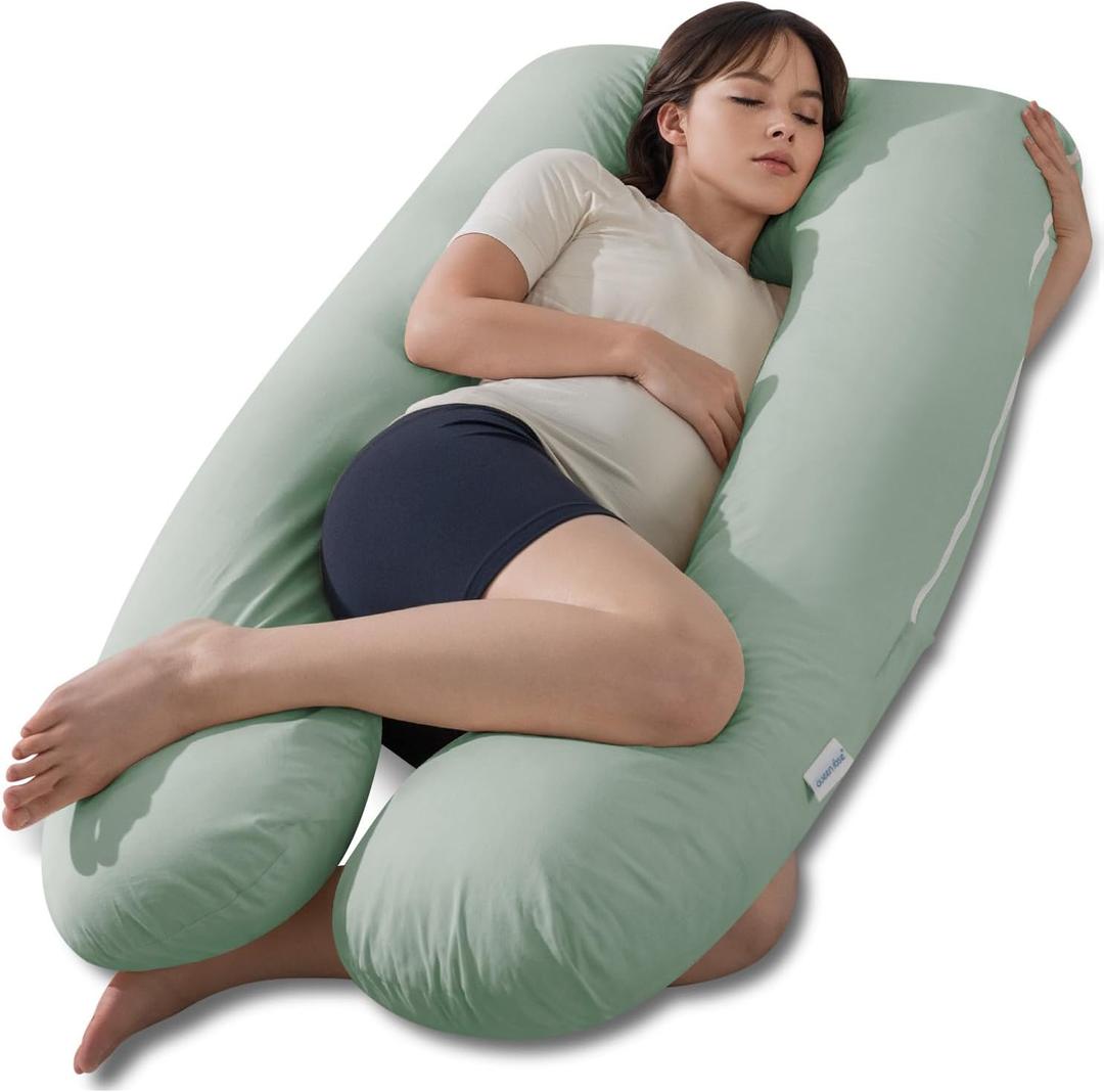 QUEEN ROSE Pregnancy Pillows, Soft Cotton U Shaped Body Pillow for Sleeping, Maternity Pillow for Pregnant Women, Green, 55in