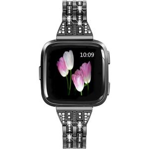 Bands Compatible with Fitbit Versa 2/Versa Lite/Versa, Women Replacement Metal Rhinestone Bling Bracelet Wristband, Black