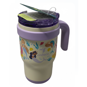 REDUCE 14 Oz Coldee Kids Tumbler with Lid and Straw - Coldee Insulated Travel Mug - Spill-Proof, Sweatproof Stainless Steel, BPA-Free - Includes Handle, Reusable Silicone Straw - Pink Mermaid