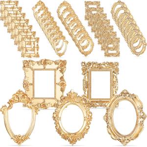 Yalikop 40 Pcs Vintage Mini Picture Frames Small Antique Resin Photo Frame Wall Hanging for DIY Jewelry Display Photography Christmas Photo Holiday Party Decoration (Gold)